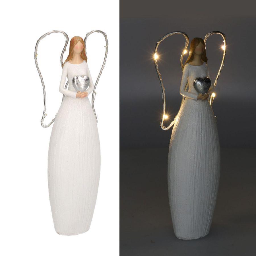 Angelo resina bianco con led e cuore cm10x5h24