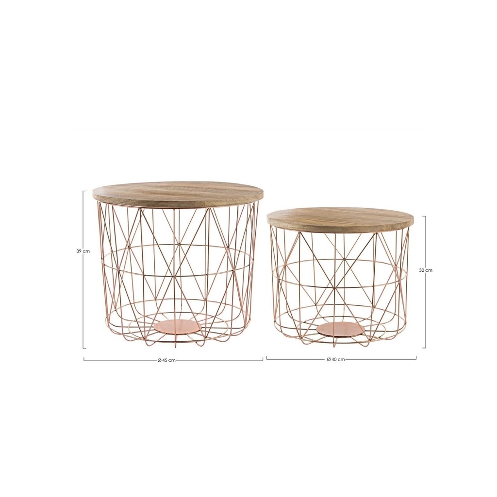 Set 2 Tavolini con Contenitore e Intreccio in Rame