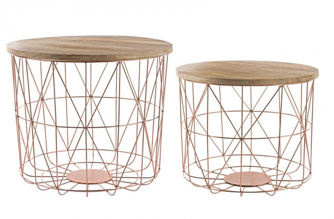 Set 2 Tavolini con Contenitore e Intreccio in Rame