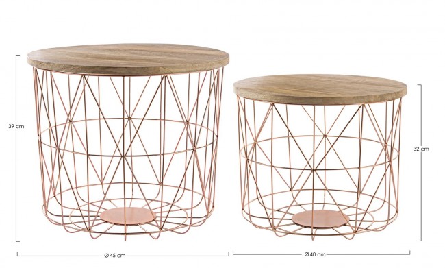 Set 2 Tavolini con Contenitore e Intreccio in Rame