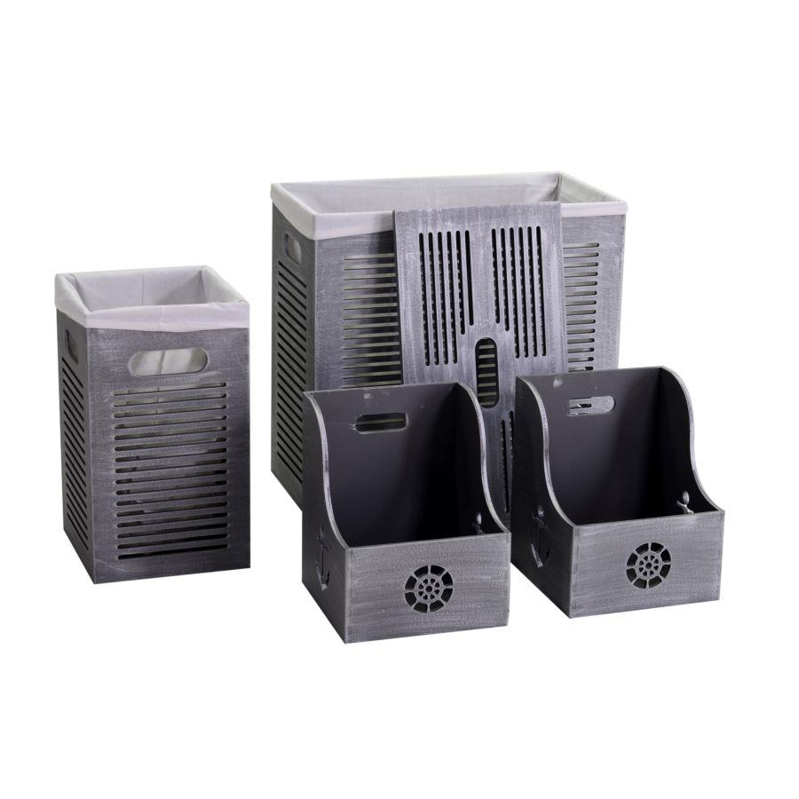Set rachele composto da 2 ceste e 2 portatutto in legno grigio di capienze diverse