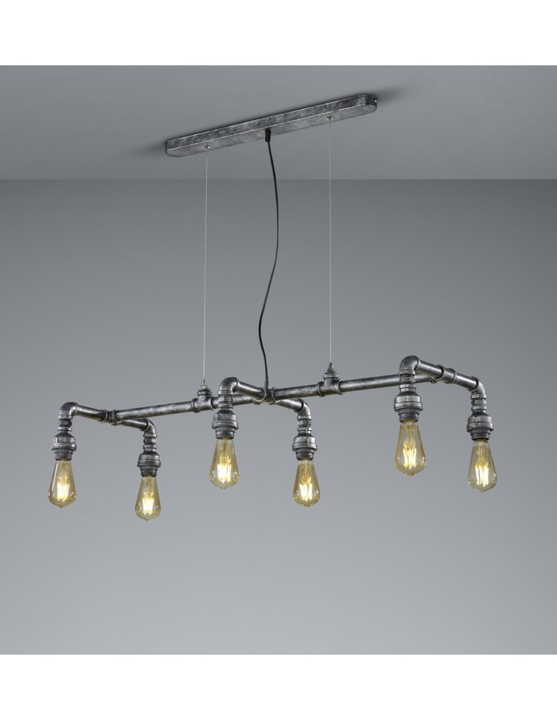 Sospensione 6xE27 Industrial Argento Anticato Gotham L102 cm Trio Lighting