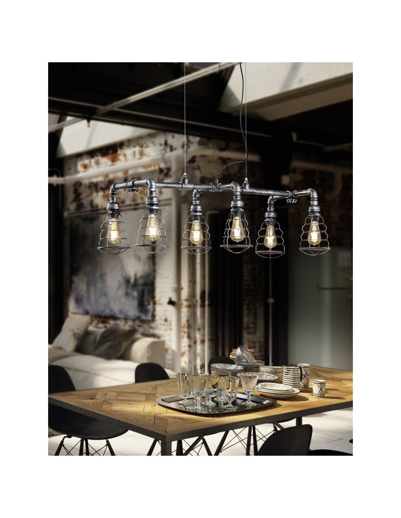 Sospensione 6xE27 Industrial Argento Anticato Gotham L102 cm Trio Lighting