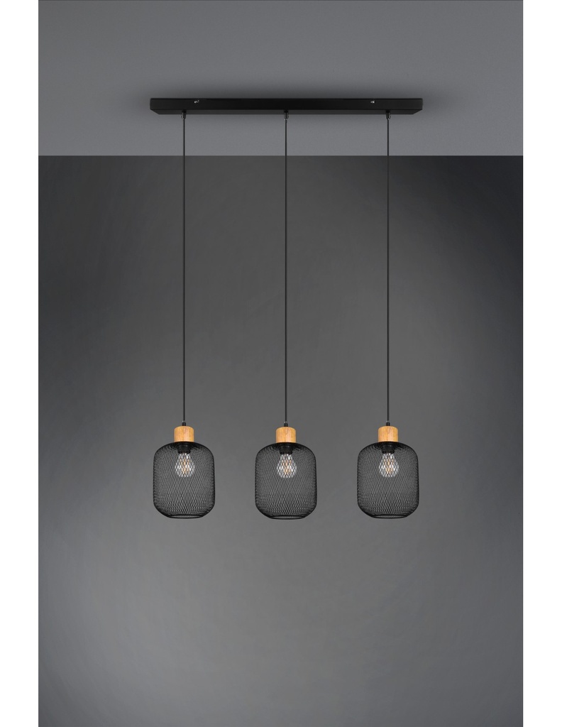 Sospensione Calimero 3xE27 Rete Metallo Nero L80 cm Trio Lighting