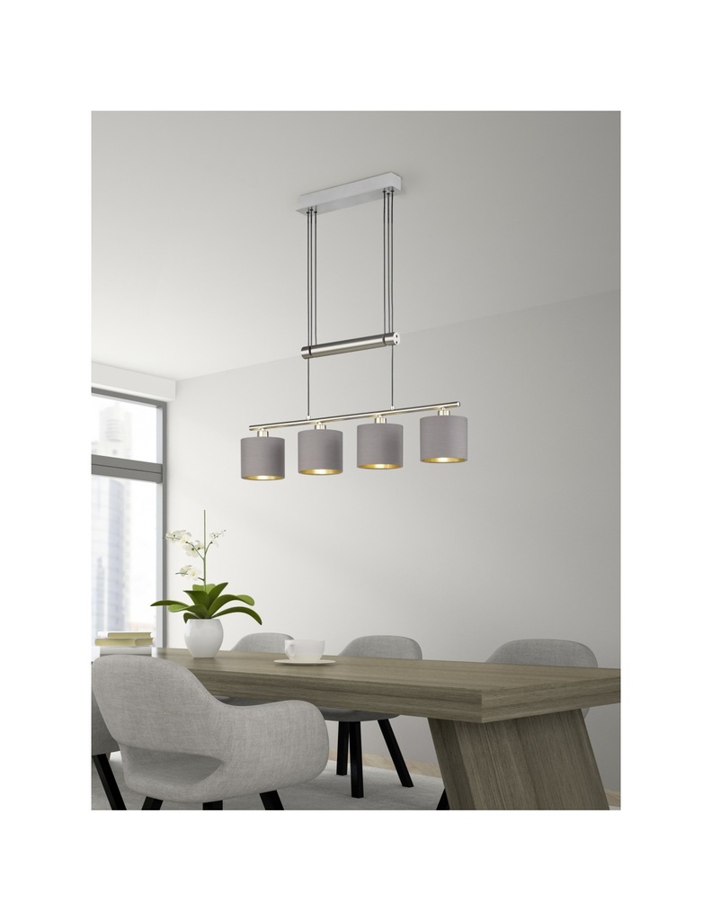 Sospensione Garda Nichel 4 Paralumi Tessuto Tortora-Oro L77 cm Trio Lighting