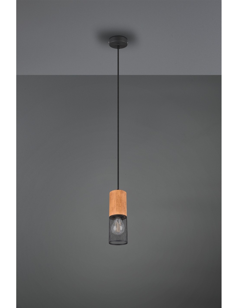 Sospensione Tosh Nero 1xE27 Legno E Gabbia Metallica Ø10 cm Trio Lighting