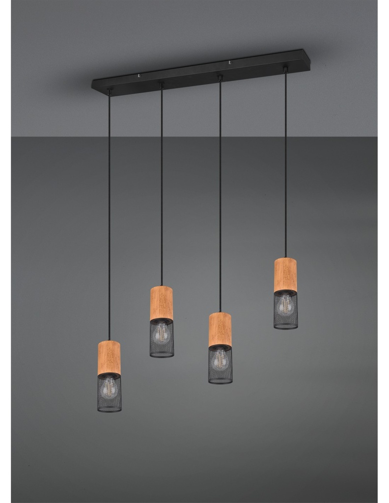 Sospensione Tosh Nero 4xE27 Legno E Gabbia Metallica L65 cm Trio Lighting