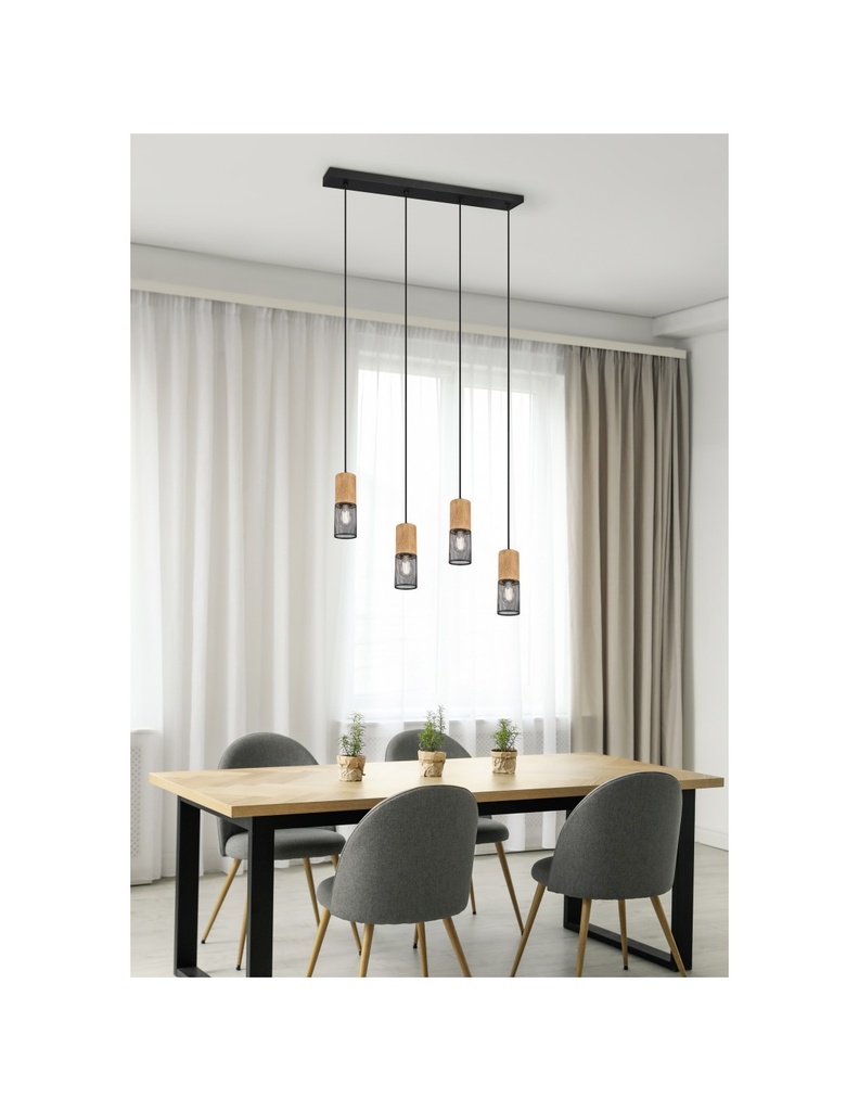 Sospensione Tosh Nero 4xE27 Legno E Gabbia Metallica L65 cm Trio Lighting