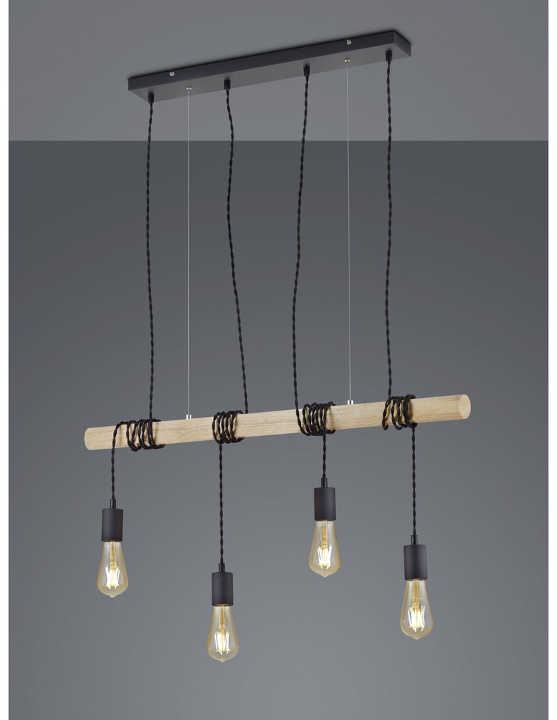 Sospensione Vintage Brody 4xE27 Nero Legno Trio Lighting