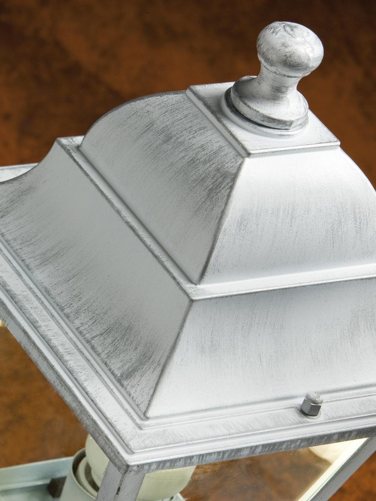 Testa-palo in alluminio pressofuso con diffusori in vetro trasparente, diametro 60 mm, altezza max lampada 170mm, alimentazione 230 V ~ 50 Hz, potenza massima lampade 60W biancoargento