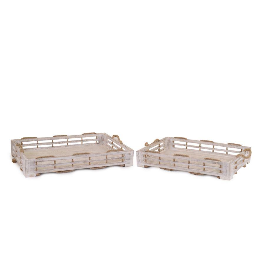 Wooden tray 1-2 bleached with rectangular rope cm59x35,5h8