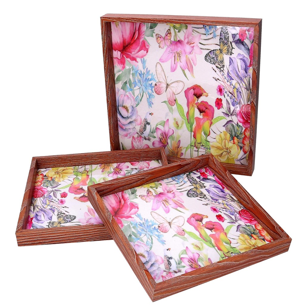 Wooden tray with 1-3 pink flowers with brown edge cm30x30h3,3