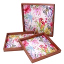 Wooden tray with 1-3 pink flowers with brown edge cm30x30h3,3