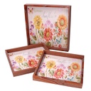 Wooden tray with 1-3 green flowers with brown border cm30x30h3,3