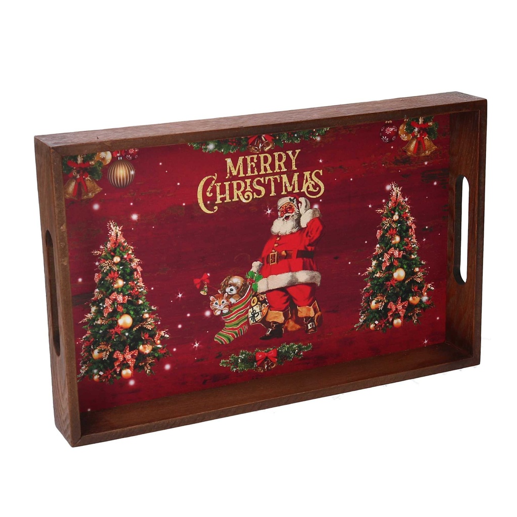 Vassoio legno 1-3 rosso verde scritta Merry Christmas rettangolare cm 45x30h4,5