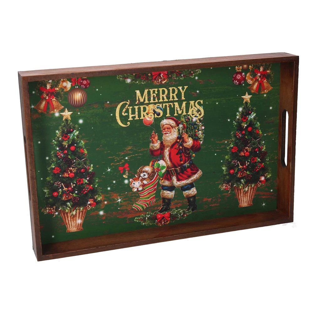Vassoio legno 1-3 rosso verde scritta Merry Christmas rettangolare cm 45x30h4,5