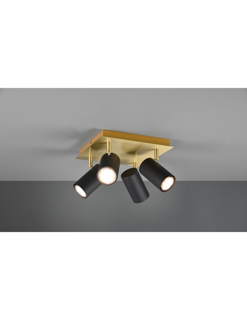 Faretto Marley Piastra Quadrata Oro 4 Spot Cilindrici Neri Orientabili Trio Lighting
