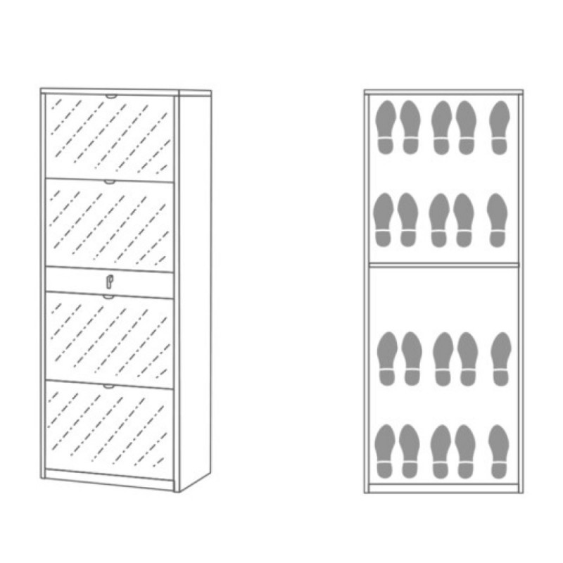 Shoe cabinet with four mirrored doors and one drawer in Ossido White 63x29x h164 cm