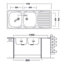 Lavello Cucina Due Vasche con Gocciolatoio Dx Acciaio da Appoggio 50x120 cm