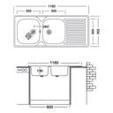 Lavello cucina due vasche acciaio da incasso con gocciolatoio a destra 50x116 cm