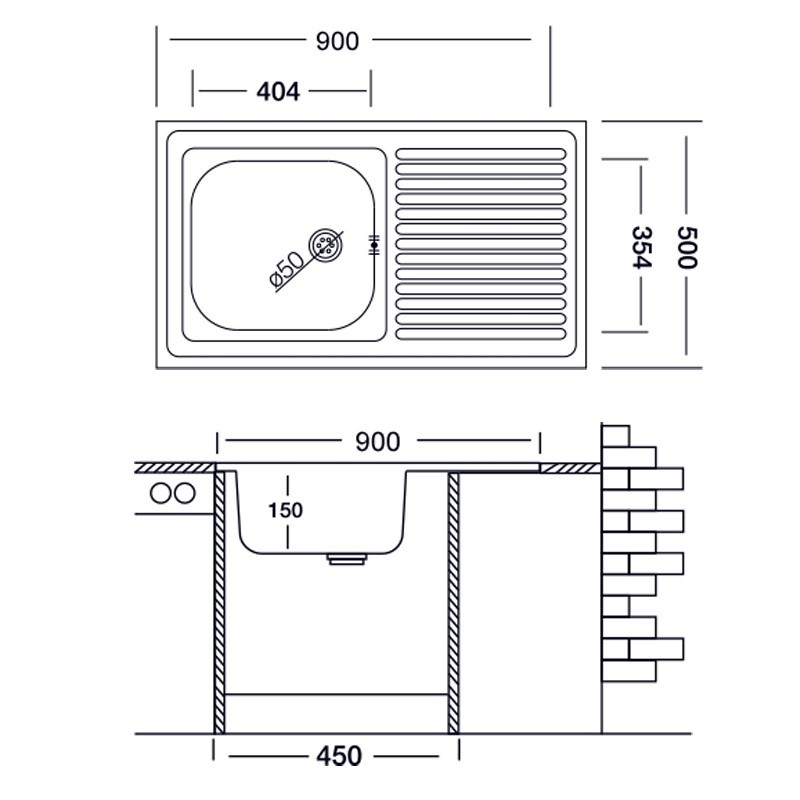 Lavello cucina vasca con gocciolatoio a sinistra in acciaio da appoggio 50x90 cm
