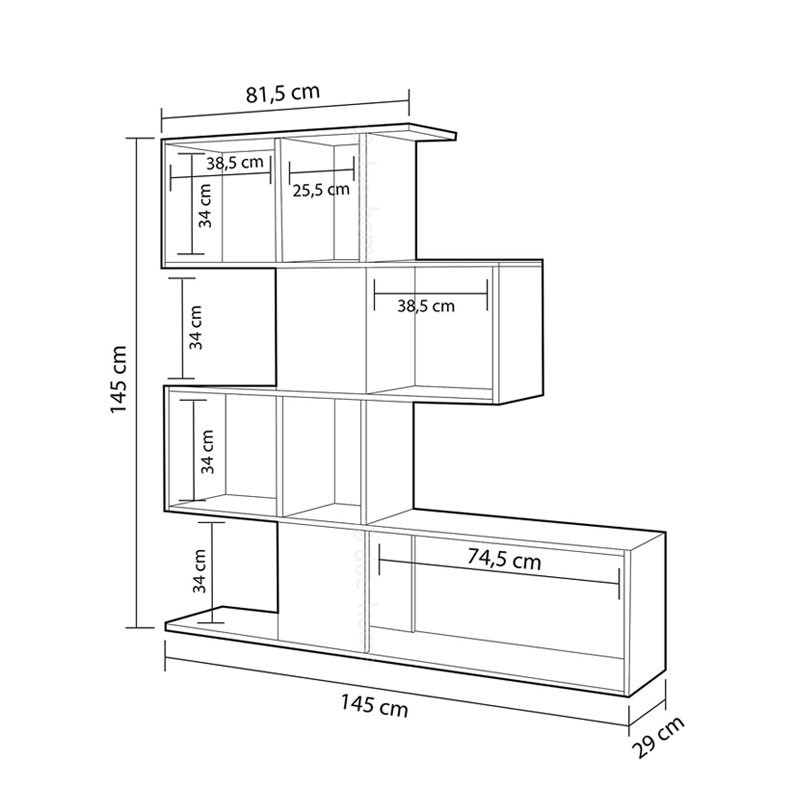 Libreria Scaffale 4 Livelli 9 Scomparti Bianco e Rovere 145x29xh.145 cm
