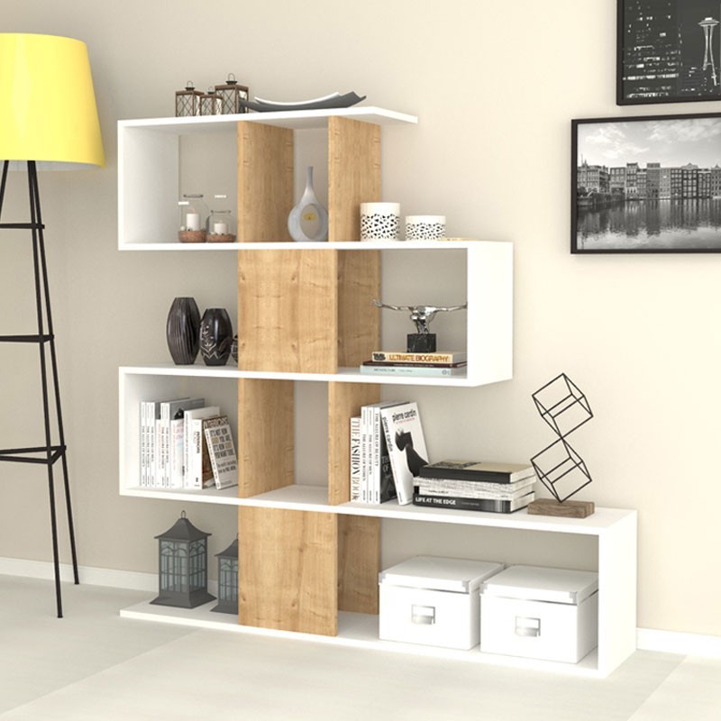 Libreria Scaffale 4 Livelli 9 Scomparti Bianco e Rovere 145x29xh.145 cm