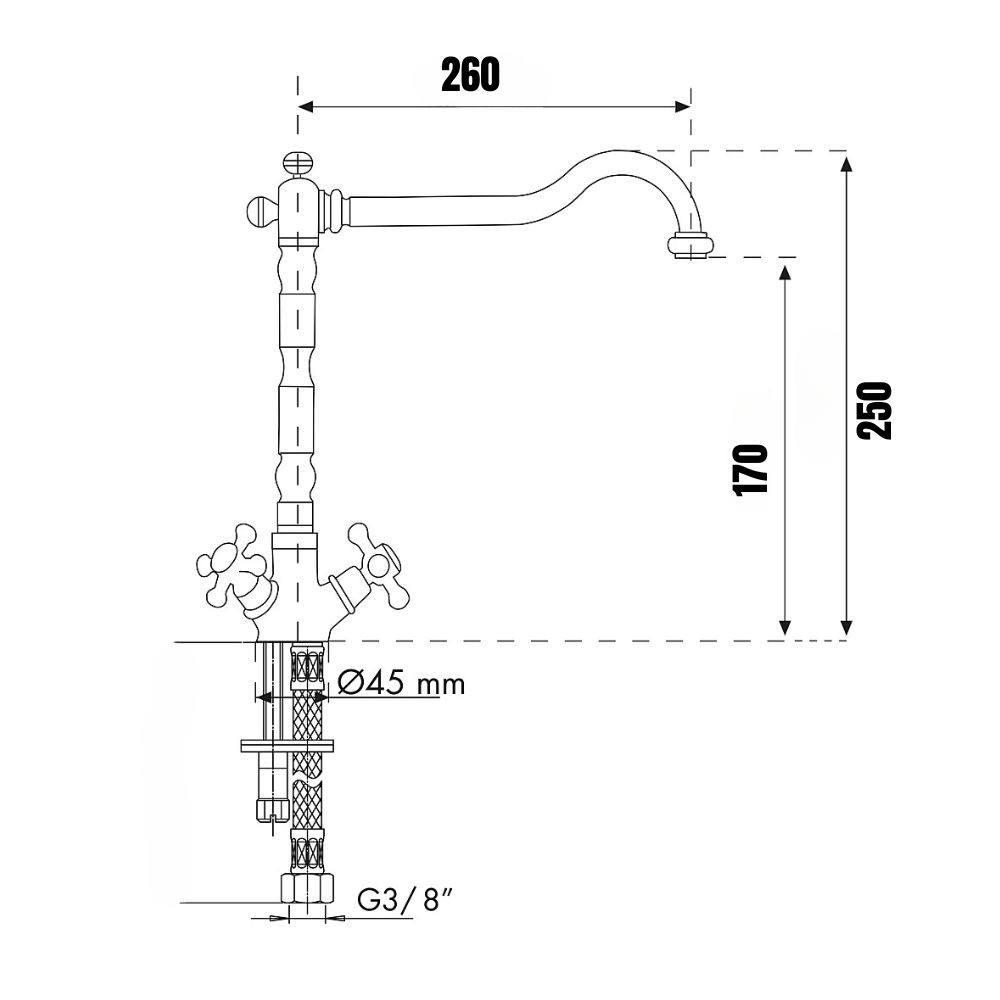 Miscelatore da cucina bicomando rame antico - Altezza 25 cm, Larghezza 26 cm, Diametro 4,5 cm