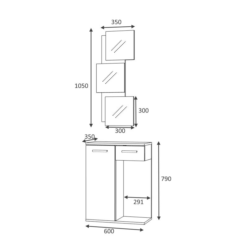 Mobile da ingresso con specchio 1 anta 1 cassetto rovere bianco 60x35xh.186 cm