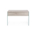 Scrivania di design in legno naturale con cassetto e gambe in vetro 110x55x76 cm