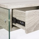 Scrivania di design in legno naturale con cassetto e gambe in vetro 110x55x76 cm