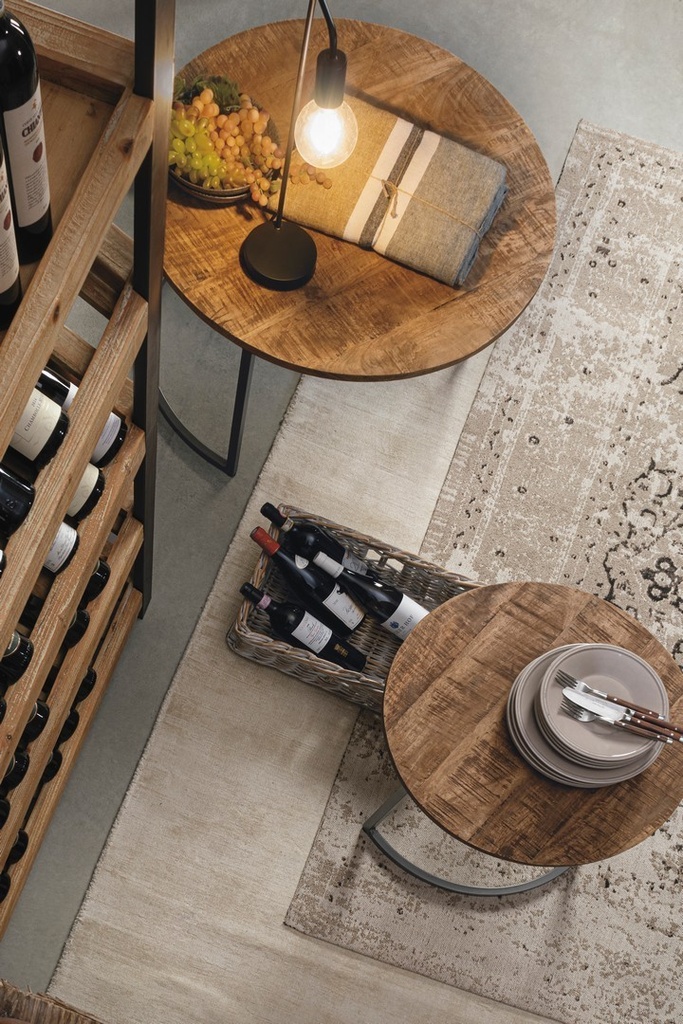 Set 3 tavolini in acciaio e legno Narvik - Stile industriale - Misure: grande ø78x47 cm, medio ø58x40 cm, piccolo Ø43x33 cm