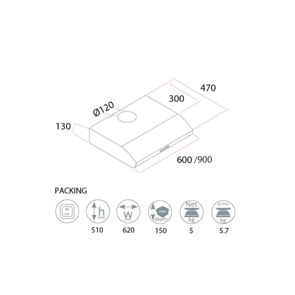 Gruppo cappa sottopensile Classico 90 bianco - Larghezza 90 cm, 3 livelli di potenza, Pusch button control system, Foro d'uscita 120 mm, Potenza aspirante 280 m3/h, Luci Led
