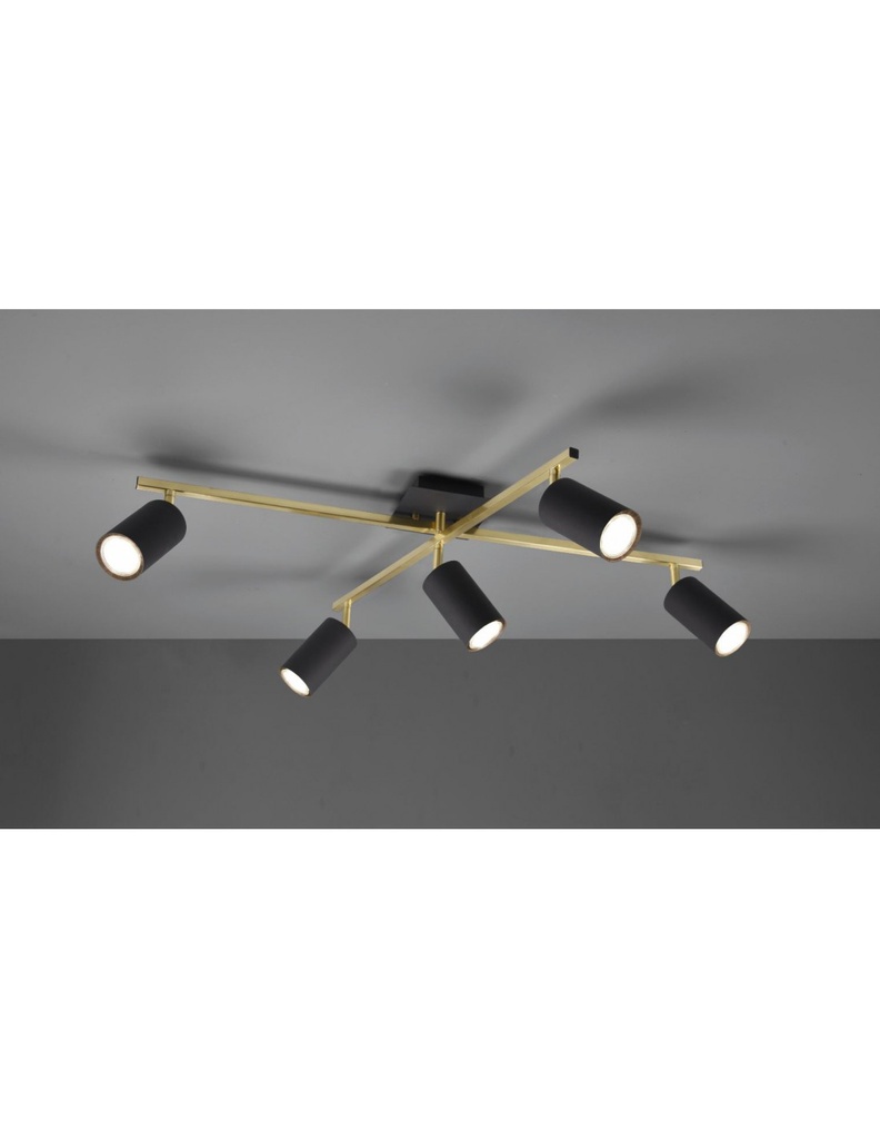 Faretto Spot Marley Bacchette Oro 5 Spot Cilindrici Neri Orientabili