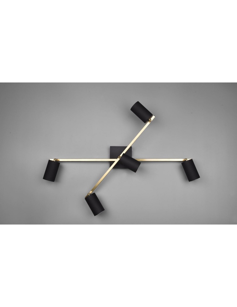 Faretto Spot Marley Bacchette Oro 5 Spot Cilindrici Neri Orientabili