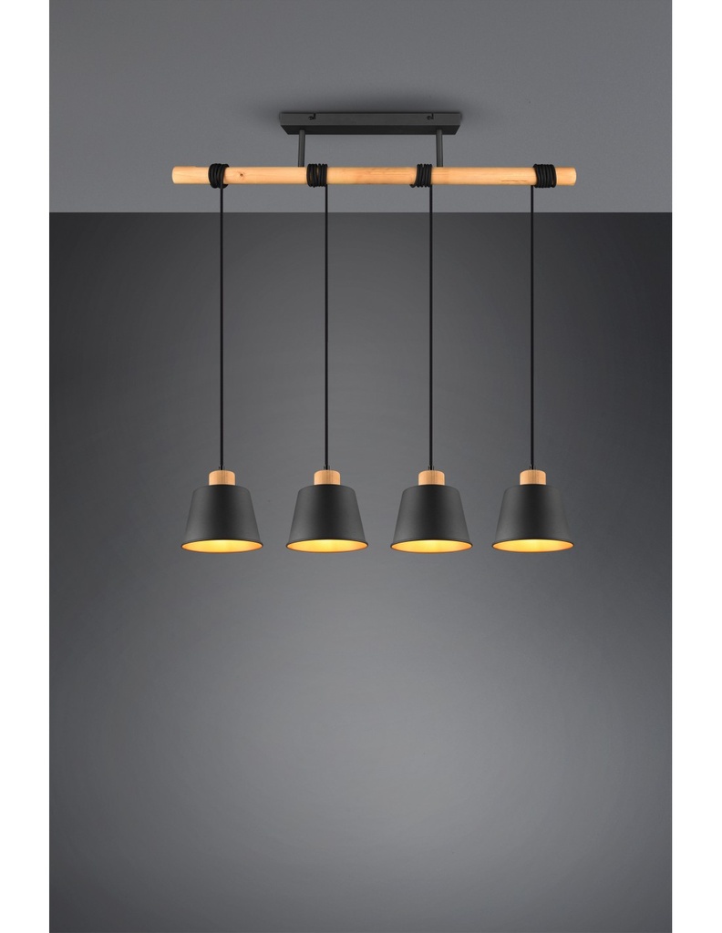 Lampadario Barra Legno 4 Paralumi Nero Oro Harris Trio Lighting - Samnite