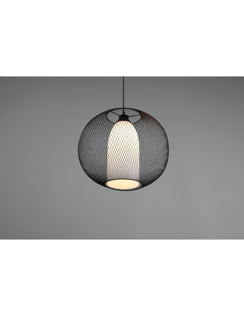 Lampadario Sospensione Diffusore Gabbia Tonda Metallica Nero Con Vetro Opale Filo Trio Lighting - Samnite
