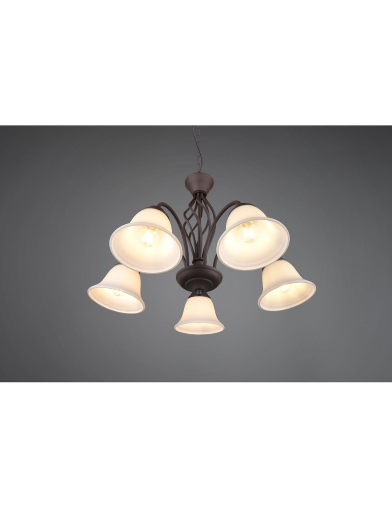 Lampadario Sospensione Rustica 5 Luci Ruggine Coppe Vetro Bianco Trio Lighting - Samnite