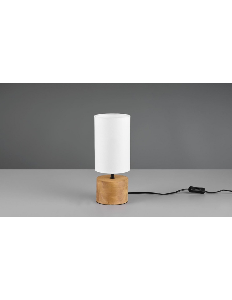 Lumetto Comodino Woody Rotondo Base Legno Paralume Bianco Trio Lighting - Samnite