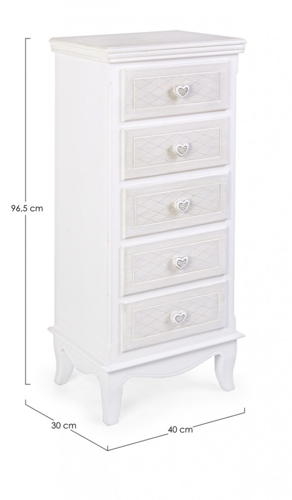 Cassettiera da camera in MDF cinque cassetti Bianco CHARLENE 40x30x h96,5 cm - Samnite