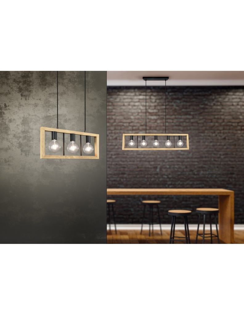 Lampadario Agra Gabbia Rettangolare Legno 5 Luci Legno Naturale E Nero Trio Lighting - Samnite