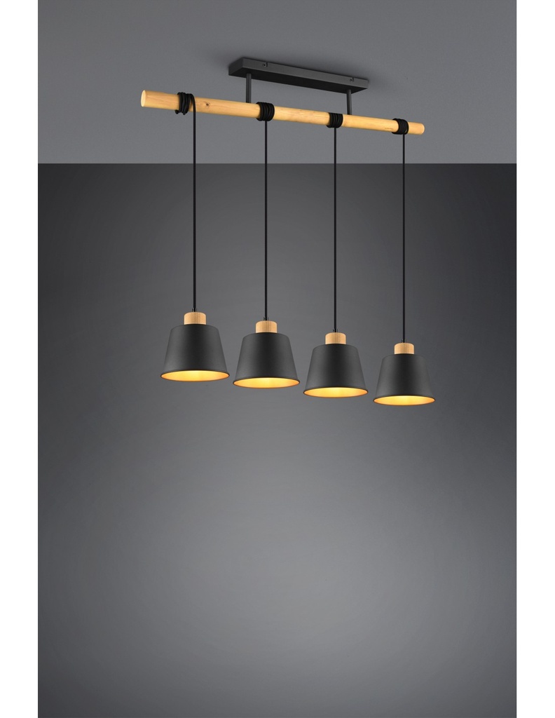 Lampadario Barra Legno 4 Paralumi Nero Oro Harris Trio Lighting - Samnite