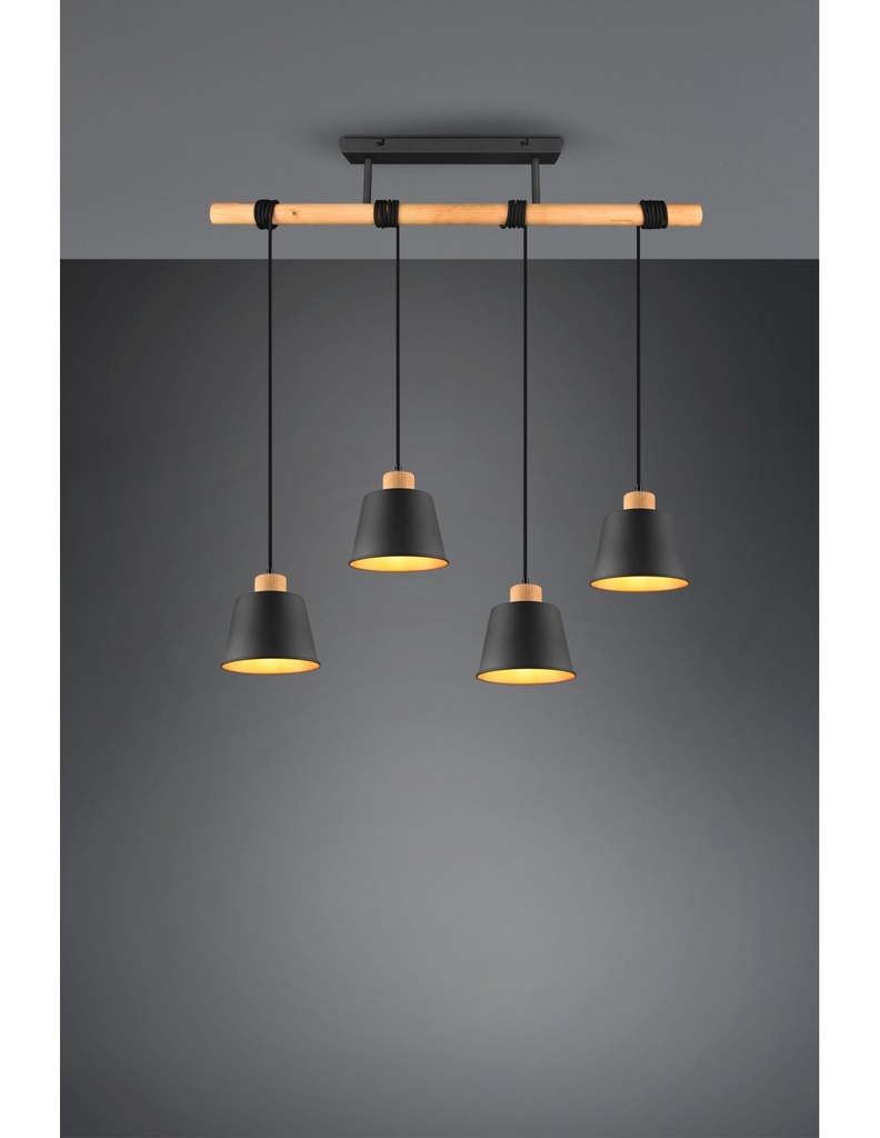 Lampadario Barra Legno 4 Paralumi Nero Oro Harris Trio Lighting - Samnite