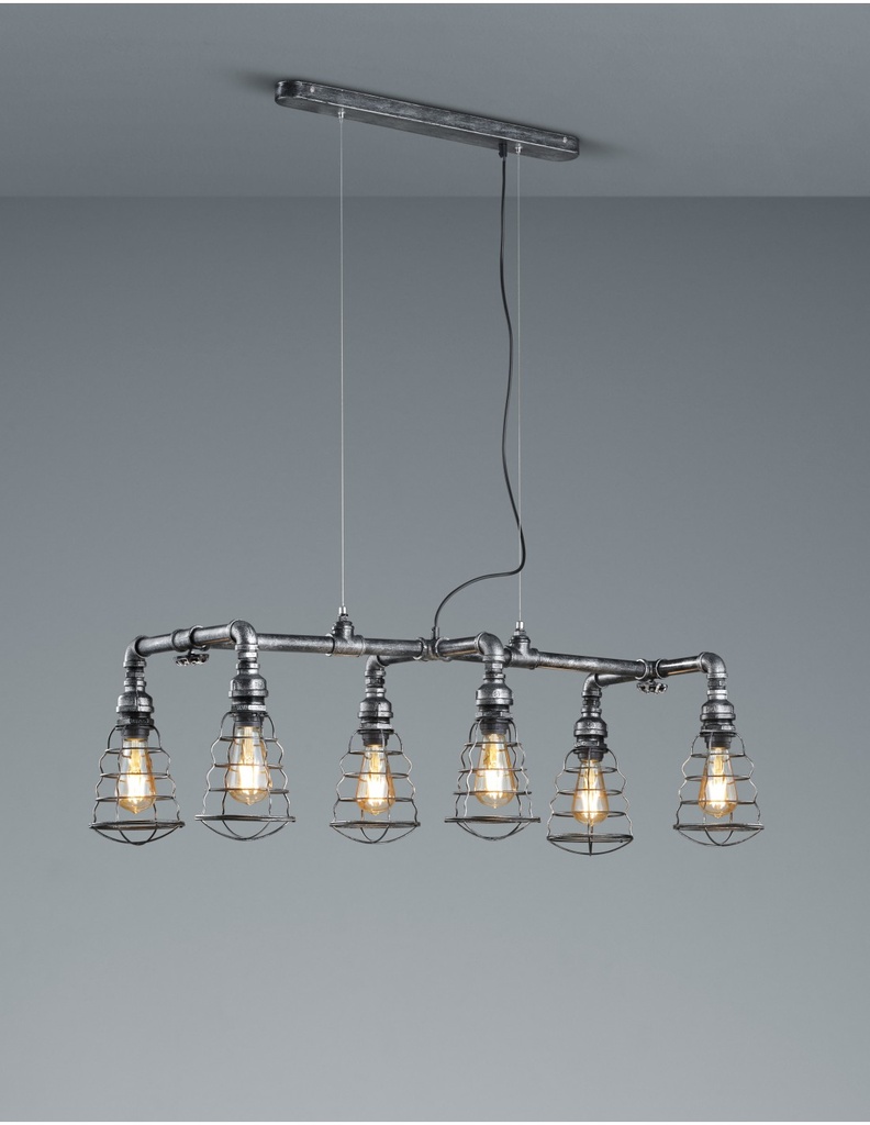 Sospensione 6xE27 Industrial Argento Anticato Gotham L102 cm Trio Lighting - Samnite