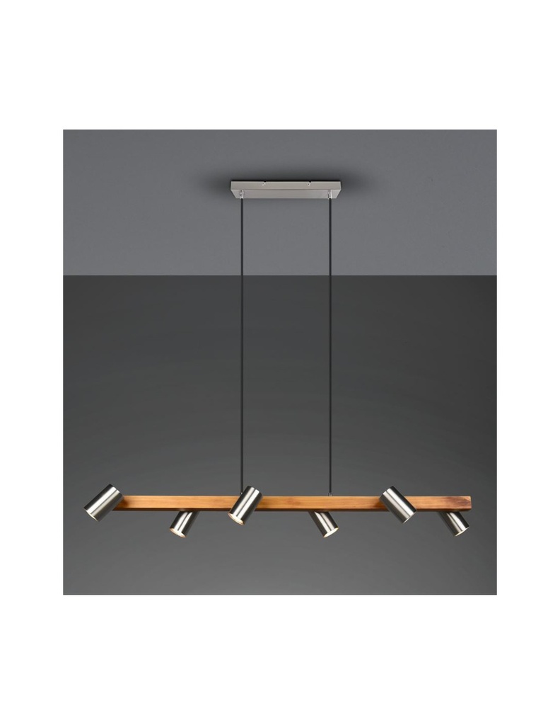 Sospensione Isola Legno 6 Spot Nichel Cilindrici Orientabili Marley Trio Lighting - Samnite