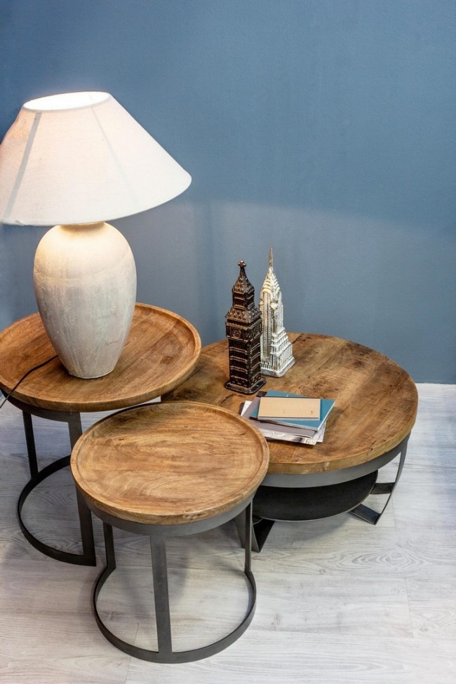 Tavolino in legno e acciaio stile industriale cm Ø65x34h - Samnite