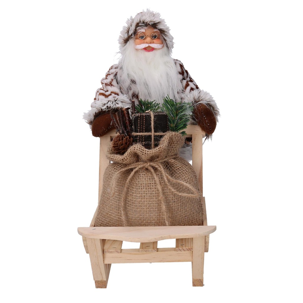 Babbo natale tessuto su slitta con lanterna marrone cmh30
