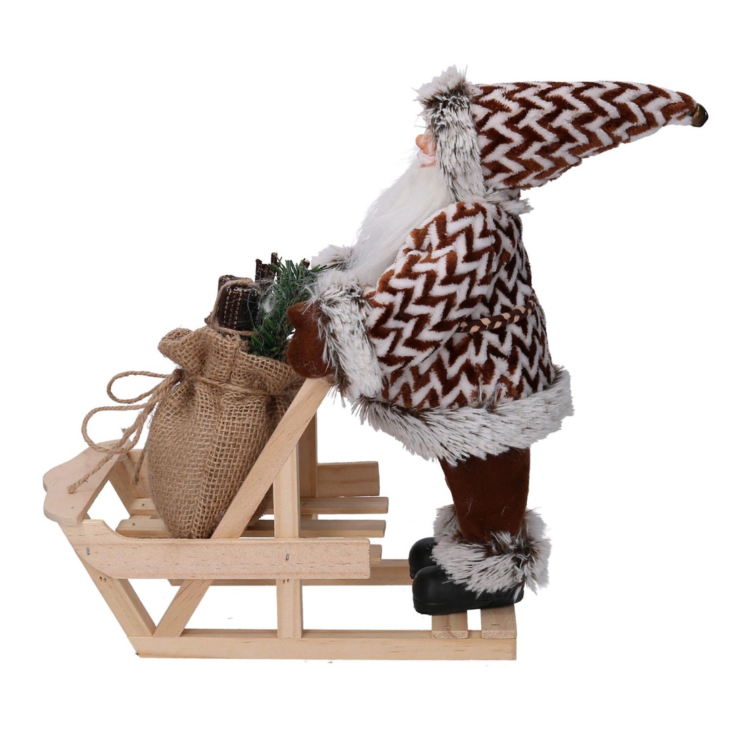 Babbo natale tessuto su slitta con lanterna marrone cmh30