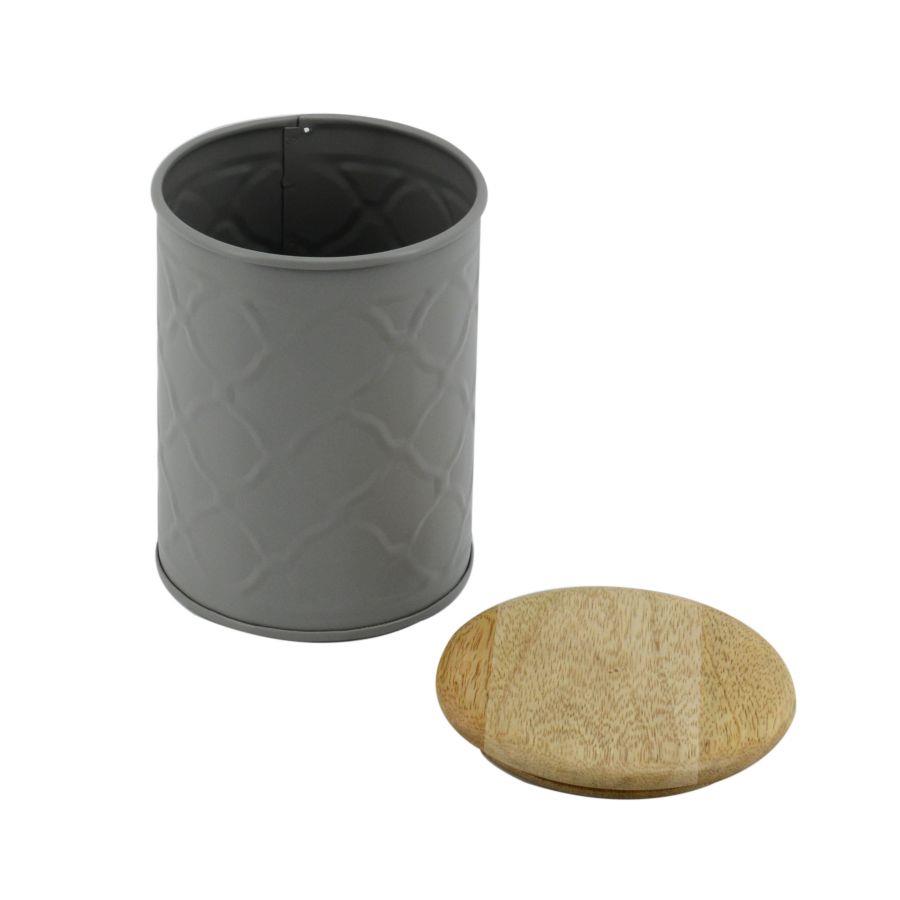 Barattolo metallo tappo legno grigio cmø10h14
