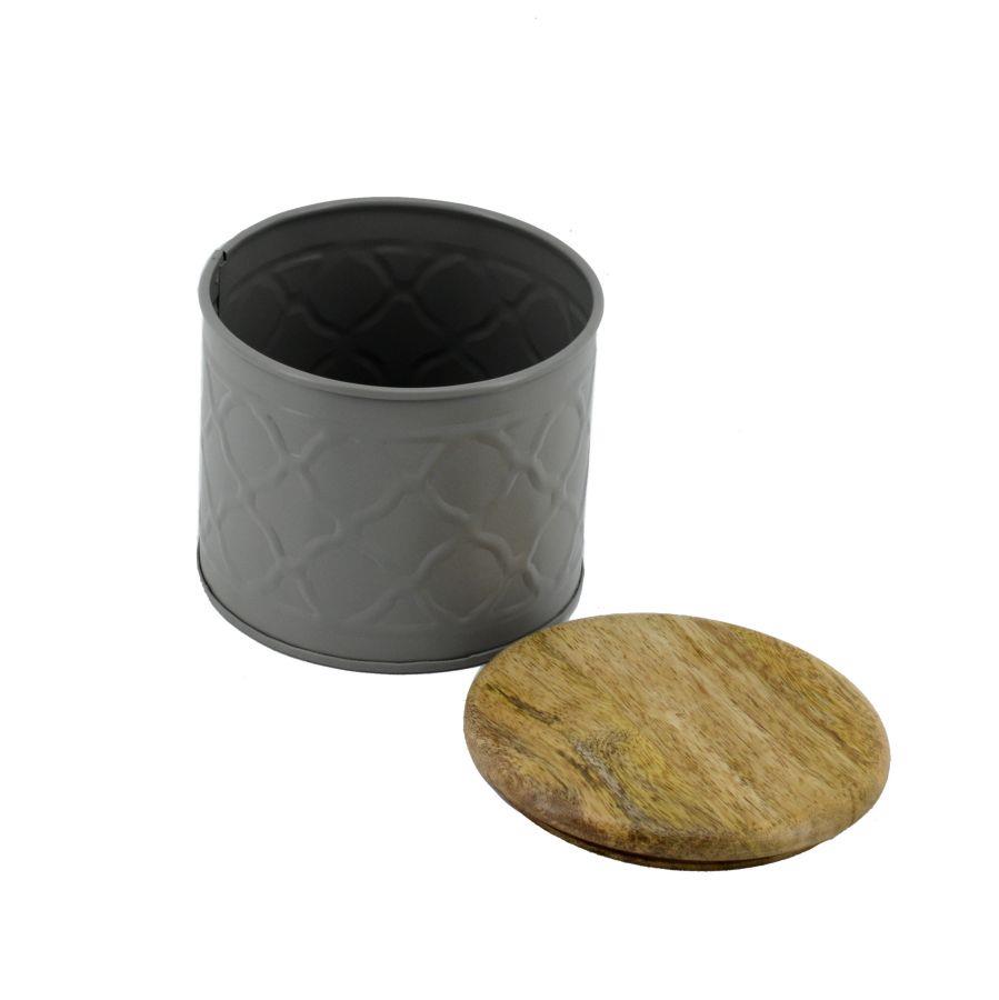 Barattolo metallo tappo legno grigio cmø12h13